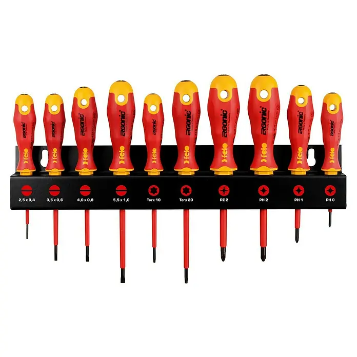 Felo Schraubendreher-Set ERGONIC® VDE XL Rack - 10 -tlg., Geeignet für: Schlitz und Kreuzschlitz PH/PZ - Sortiment von Felo Ergonic Schraubendrehern mit isolierten Klingen, ideal für Elektriker und Heimwerker, präsentiert auf einem praktischen Halter.