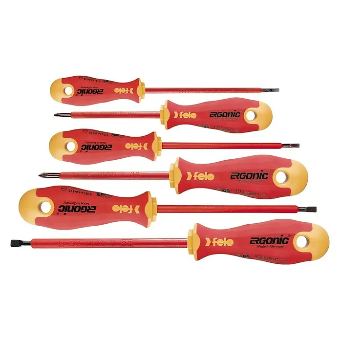 Felo Schraubendreher-Set ERGONIC® VDE - 6 -tlg., Geeignet für: Schlitz und Kreuzschlitz PH - Satz von Felo Ergonic Schraubendrehern mit roten und gelben Griffen, hergestellt in Deutschland, für präzises Schrauben.