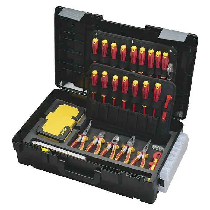 Felo Werkzeugkoffer ERGONIC® XL-Boxx VDE - L x B x H: 60,7 x 39,5 x 17,9 cm, 78 -tlg. - Offener Werkzeugkoffer mit verschiedenen HEKO Werkzeugen, einschließlich Schraubendrehern und Zangen, die ordentlich angeordnet sind.