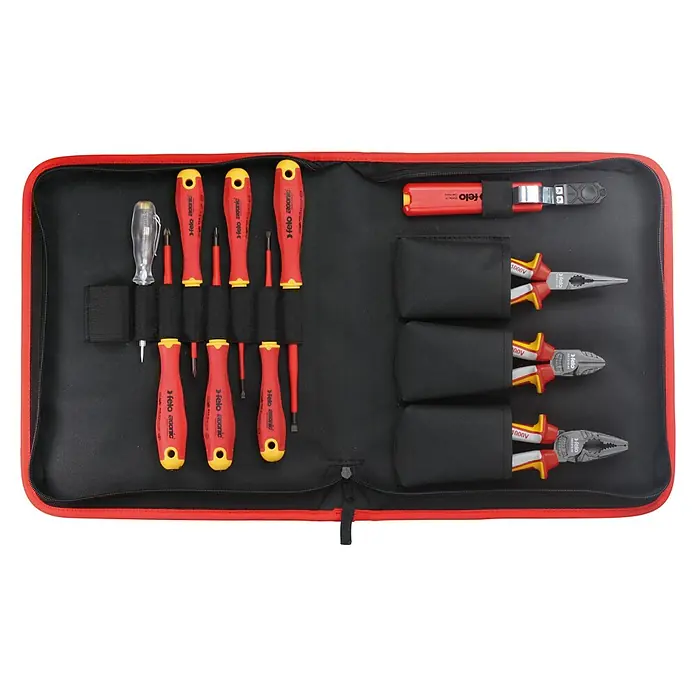 Felo Werkzeugtasche Ergonic E-Slim VDE - 11 -tlg. - Ein rotes Werkzeugset der Marke Felo, gefüllt mit Schraubendrehern und Zangen in einer schwarzen Tasche mit rotem Reißverschluss.
