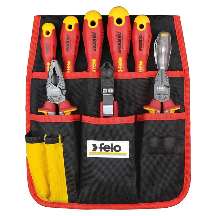 Felo Werkzeuggürtel-Set Ergonic VDE - 9 -tlg. - Eine Werkzeugtasche der Marke Felo, gefüllt mit Schraubendrehern, einer Zange und einem Abisolierwerkzeug.