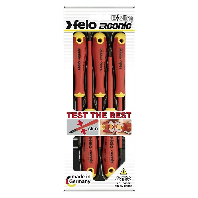 Felo Schraubendreher-Set ERGONIC® VDE E-Slim - 5 -tlg., Geeignet für: Schlitz und Kreuzschlitz PH - Ein Set Felo Ergonik E Slim Schraubendreher, ideal für präzise Arbeiten dank ihrer schlanken Form und hochwertigen Verarbeitung.