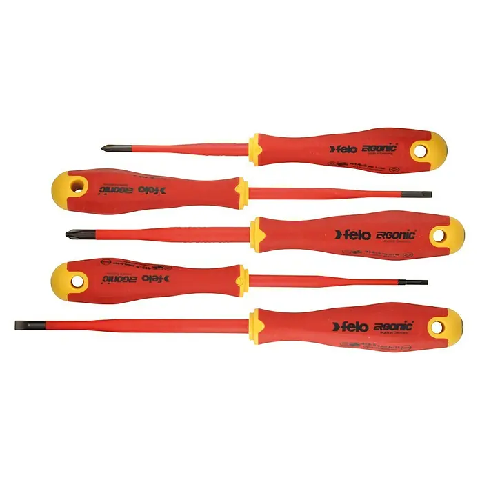 Felo Schraubendreher-Set ERGONIC® VDE E-Slim - 5 -tlg., Geeignet für: Schlitz und Kreuzschlitz PH - Satz Felo Ergonic Schraubendreher, mit roten und gelben Griffen, ideal für Profis und Heimwerker. Perfekt für präzise Arbeiten.