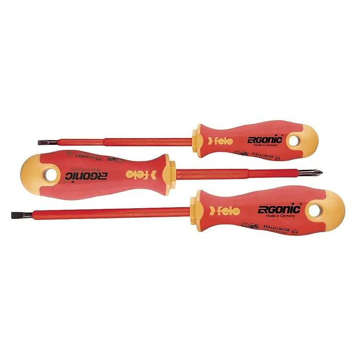 Felo Schraubendreher-Set ERGONIC® VDE - 3 -tlg., Geeignet für: Schlitz und Kreuzschlitz PH - Das Bild zeigt drei Fele ErgoNIC Schraubendreher mit rotem Griff und gelbem Kopf, die in Deutschland hergestellt wurden.