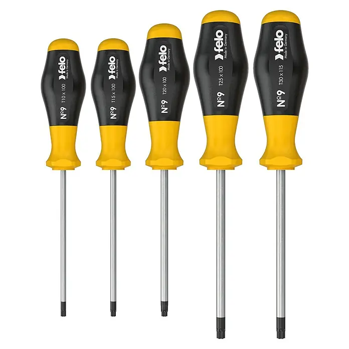 Felo Schraubendreher-Set N°9 TORX® - 5 -tlg., Geeignet für: TORX®-Schrauben - Satz Felo Torx Schraubendreher mit gelb-schwarzem Griff und Torx-Profil für präzise Schraubarbeiten.