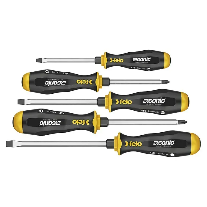 Felo Schraubendreher-Set Ergonic® - 5 -tlg., Schlitz und Kreuzschlitz PH, Passend für: SL / PH1 / PH 2 - Sortiment von Felo Ergonic Schraubendrehern, hergestellt in Deutschland, mit verschiedenen Größen und Typen für unterschiedliche Schrauben.