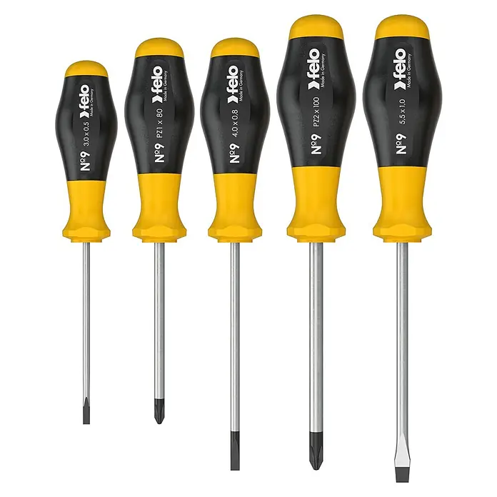 Felo Schraubendreher-Set N° 9 - 5 -tlg., Geeignet für: Schlitz- und Pozidriv-Schrauben - Fünf Felo-Schraubendreher der Serie Nº9 in verschiedenen Größen, mit gelb-schwarzen Griffen und unterschiedlichen Schraubenkopfprofilen.