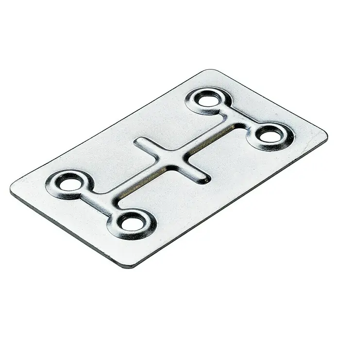Hettich Verbindungsblech - L x B: 66 x 40 mm, 1 Stk. - Eine silberne, rechteckige Montageplatte mit vier Löchern an den Ecken und einem kreuzförmigen Muster in der Mitte.