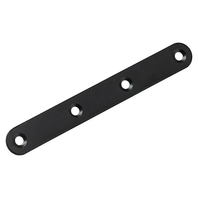 Hettich Verbindungsblech - L x B: 120 x 15 mm, Schwarz, Gesamtstückzahl: 1 Stk. - Eine schwarze, flache Verbindungsplatte aus Metall mit vier Löchern, die zur Befestigung von Bauteilen verwendet wird.