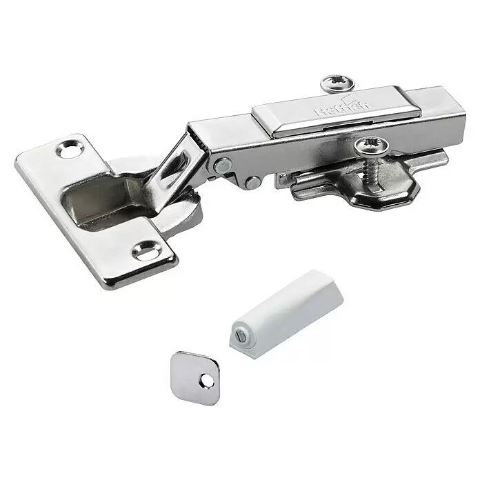 Hettich Topfscharnier Set Push to open - Vorliegend, Durchmesser Topf: 35 mm, Öffnungswinkel: 110 ° - Verchromtes Schrankscharnier mit Soft-Close-Mechanismus und einem weißen Magnetschnäpper mit Metallplatte.