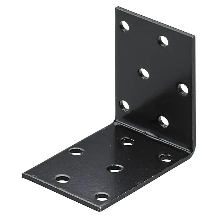Hettich WinkelverbinderL x B x H: 40 x 60 x 60 mm, Lackiert - Nahaufnahme einer schwarzen Winkelplatte mit mehreren Löchern, die zur Befestigung von Bauteilen verwendet wird.