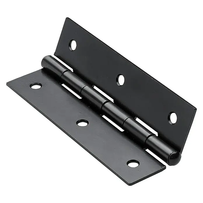 Hettich Scharnier - L x B x S: 100 x 50 x 1,5 mm, Stahl, Schwarz - Nahaufnahme eines schwarzen Türscharniers mit sichtbaren Befestigungslöchern und einem glänzenden Finish.