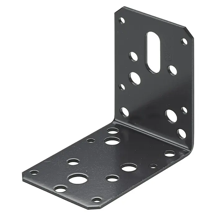 Hettich Verstellwinkel - L x B x H: 60 x 90 x 90 mm, Lackiert, 1 Stk. - Eine L-förmige, schwarze Winkelverbinder mit mehreren Löchern für Schrauben, ideal für Holz- und Metallarbeiten.