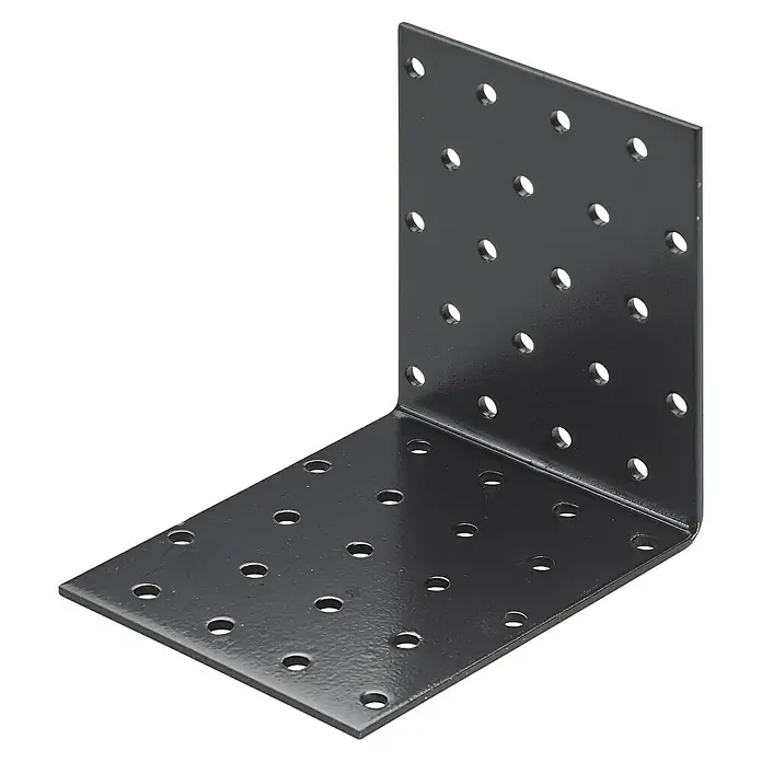Hettich Winkelverbinder - L x B x H: 80 x 102 x 102 mm, Lackiert - Nahaufnahme einer schwarzen, rechtwinkligen Metallplatte mit vielen Löchern zur Befestigung. Ideal für stabile Verbindungen im Bauwesen.