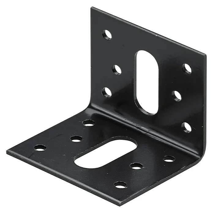 Hettich Verstellwinkel - L x B x H: 50 x 50 x 57 mm, Lackiert, 1 Stk. - Ein glänzender, schwarzer Winkelverbinder mit Löchern und einem länglichen Schlitz in jeder Seite, ideal für robuste Verbindungen und Konstruktionen.