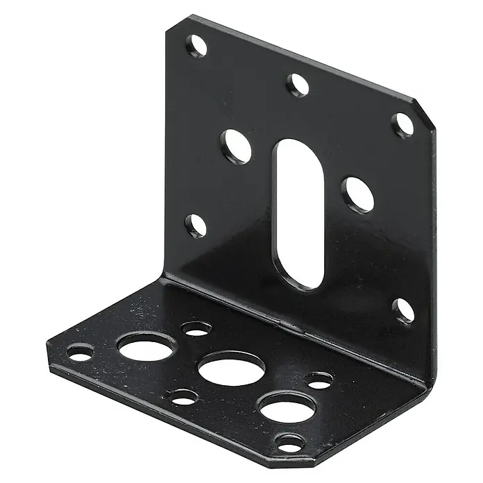 Hettich VerstellwinkelL x B x H: 58 x 38 x 58 mm, Lackiert, 1 Stk. - Winkelverbinder aus schwarzem Metall mit verschiedenen Löchern, ideal für stabile Verbindungen im Bauwesen.