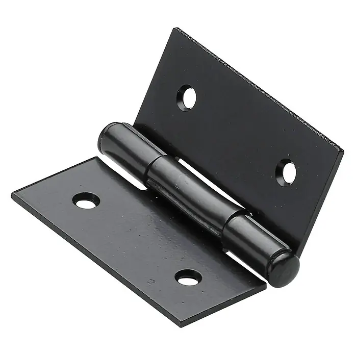 Hettich Scharnier - L x B x S: 30 x 30 x 1 mm, Stahl, Schwarz - Nahaufnahme eines schwarzen Scharniers mit Schraubenlöchern, das für Türen oder Möbel verwendet wird.
