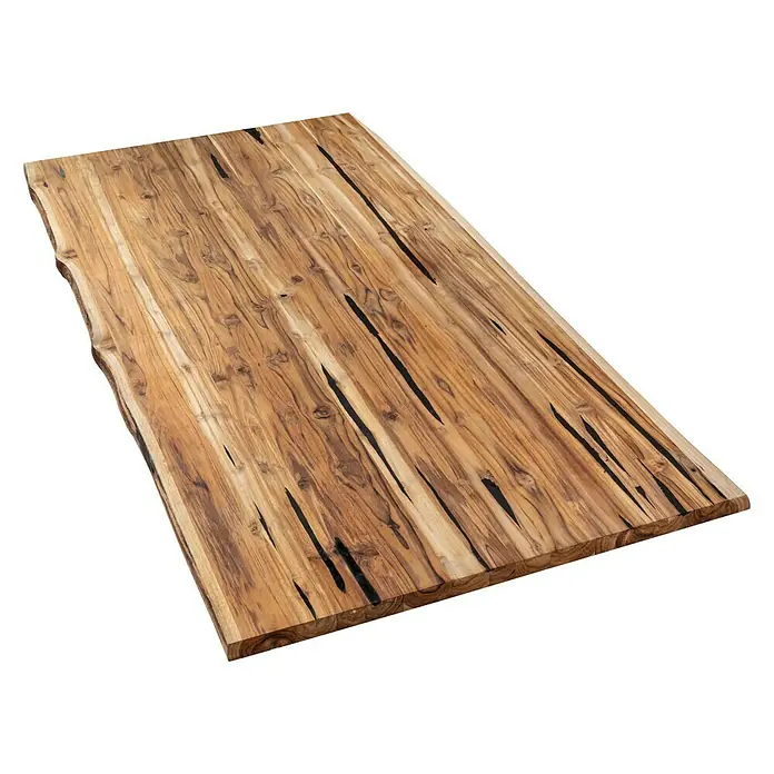 Tischplatte mit Waldkante - Teak, 200 x 100 x 3,8 cm - Eine massive Holzplatte mit ausgeprägter Maserung und natürlichen Kanten, ideal für einzigartige Tischdesigns und Möbelprojekte.