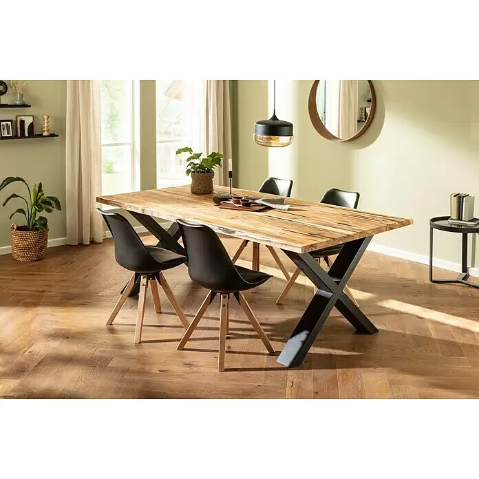 Exclusivholz Tischplatte mit Waldkante - Teak, 200 x 80 x 2,6 cm - Rustikaler Holzesstisch mit schwarzen X-Beinen und passenden schwarzen Stühlen mit Holzbeinen, im Esszimmer.