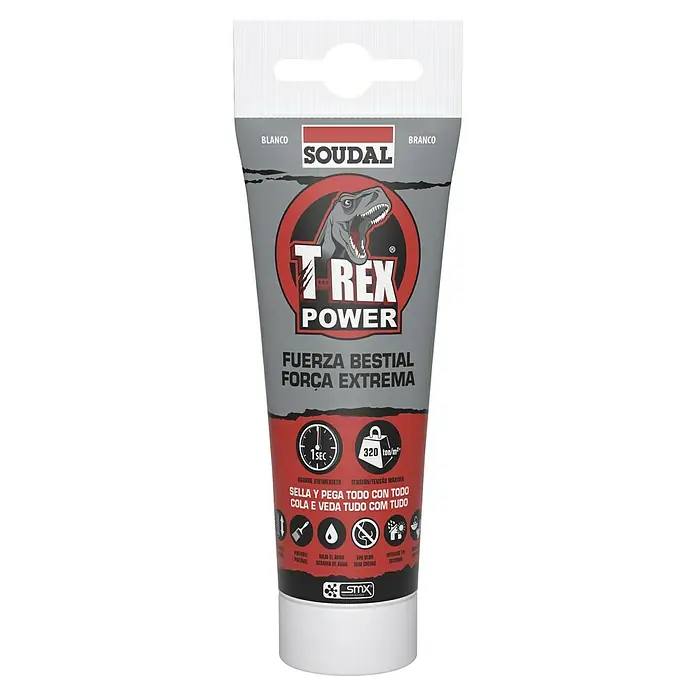 Adhesivo para montaje universal T-Rex Power - Blanco, 125 g - Tubo de adhesivo y sellador T-Rex Power de Soudal en blanco, ideal para uniones fuertes y rápidas, apto para interiores y exteriores.