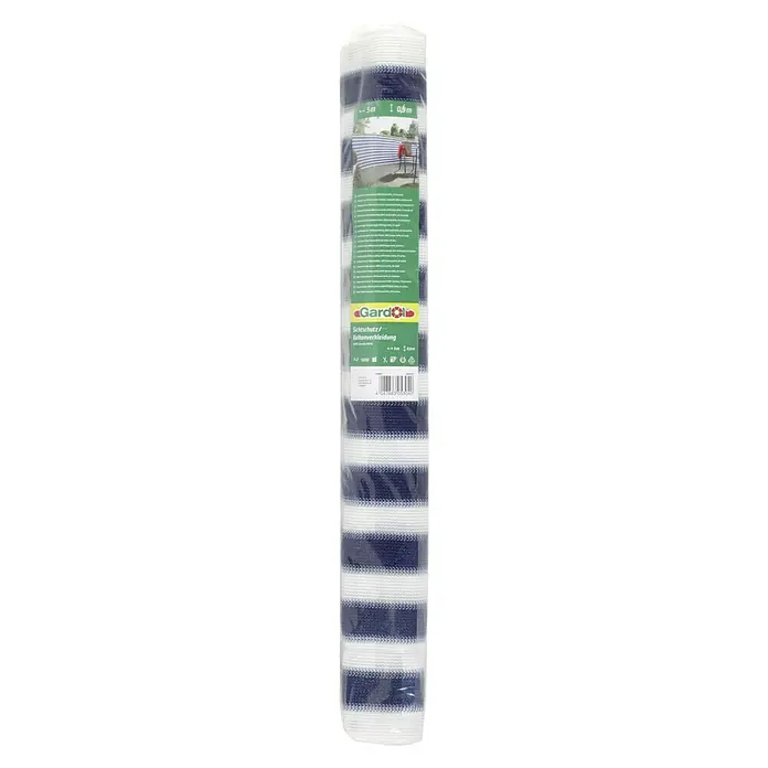 Gardol Balkonsichtschutz - Blau/Weiß, 5 x 0,9 m - Eine Rolle Gardol Sichtschutz/Balkonverkleidung mit blau-weißen Streifen, ideal für Privatsphäre und Windschutz im Außenbereich.