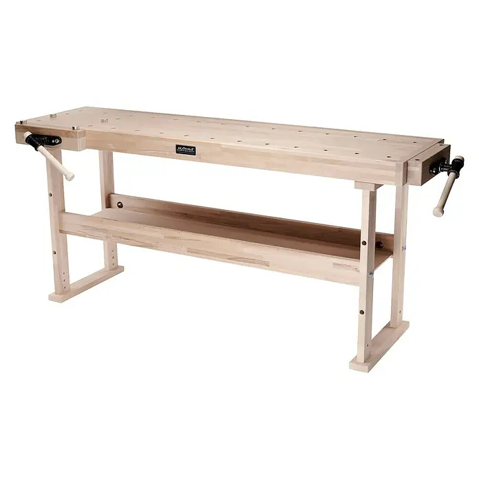 Ramia Hobelbank Advanced 2000 - L x B: 2.000 x 650 mm, Arbeitshöhe: 850 mm, Holz - Ein detailreiches Bild einer Holzwerkbank mit Schraubstock, ideal für Handwerker und Bastler, die eine robuste Arbeitsfläche suchen.