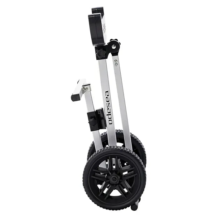 Transportwagen - Außenbordmotoren, 60 kg, Aluminium - Detailaufnahme eines zusammengeklappten Odesea-Trolleys, der seine kompakte Bauweise und robusten Räder für einfachen Transport zeigt.