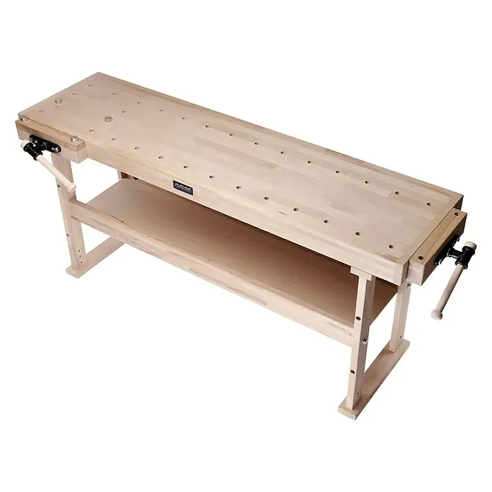 Ramia Hobelbank Advanced 2000 - L x B: 2.000 x 650 mm, Arbeitshöhe: 850 mm, Holz - Werkbank aus hellem Holz mit Schraubstöcken und Ablagefläche. Ideal für Handwerker und Heimwerker.