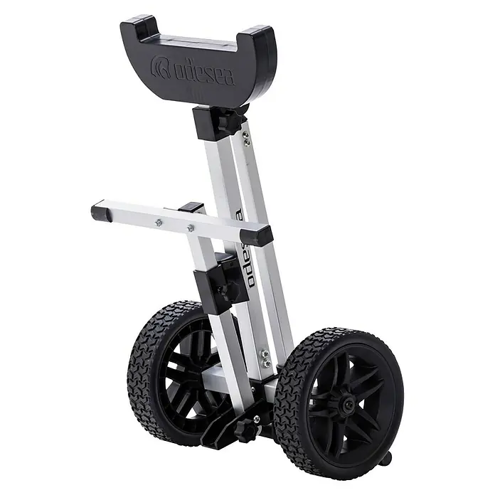 Transportwagen - Außenbordmotoren, 60 kg, Aluminium - Nahaufnahme eines Odsea Golf-Trolleys mit zwei Rädern, der Stabilität und einfachen Transport auf dem Golfplatz bietet.