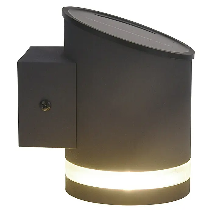 BAUHAUS Solar-Außenwandleuchte - 0,1 W, L x B x H: 12 x 9 x 12,5 cm, Anthrazit, 15 lm - Eine moderne, schwarze Wandleuchte mit Solarpanel und einem hellen Lichtstreifen am unteren Rand.