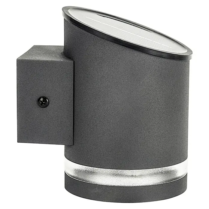 BAUHAUS Solar-Außenwandleuchte - 0,1 W, L x B x H: 12 x 9 x 12,5 cm, Anthrazit, 15 lm - Nahaufnahme einer modernen, grauen Solar-Wandleuchte mit silbernem Akzentband für den Außenbereich. Ideal für energieeffiziente Beleuchtung.