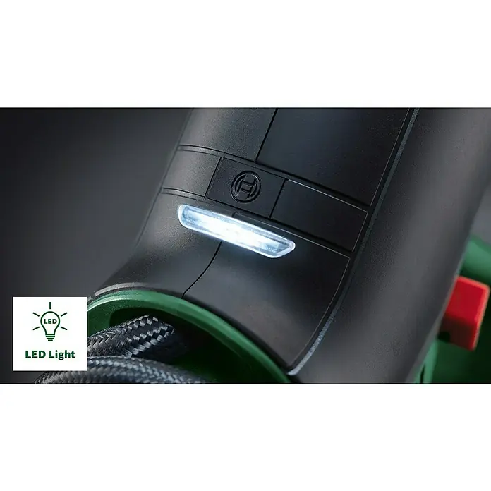 Bosch Power for All 18V Akku-Luftpumpe UniversalPump - 18 V, Ohne Akku - Nahaufnahme eines Bosch-Elektrowerkzeugs mit eingeschaltetem LED-Licht, das die Funktionalität und das Design hervorhebt.