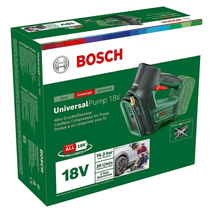 Bosch Power for All 18V Akku-Luftpumpe UniversalPump - 18 V, Ohne Akku - Karton der Bosch UniversalPump 18V Akku-Druckluftpumpe, ideal für schnelles Aufpumpen mit bis zu 10,3 bar. Batterie nicht enthalten.