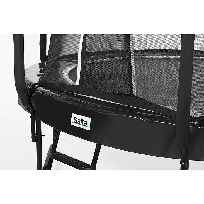 Salta Trampolin First Class - Durchmesser: 366 cm, Schwarz - Nahaufnahme eines Salta-Gartentrampolins mit Sicherheitsnetz und Leiter, ideal für Familienspaß im Freien.