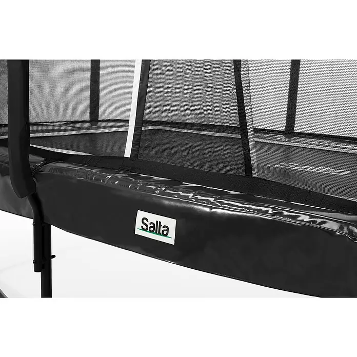Salta Trampolin First Class - Schwarz, L x B: 214 x 366 cm - Nahaufnahme eines Salta Trampolins mit Sicherheitsnetz und schwarzer Polsterung, ideal für sicheren Springspaß im Garten.