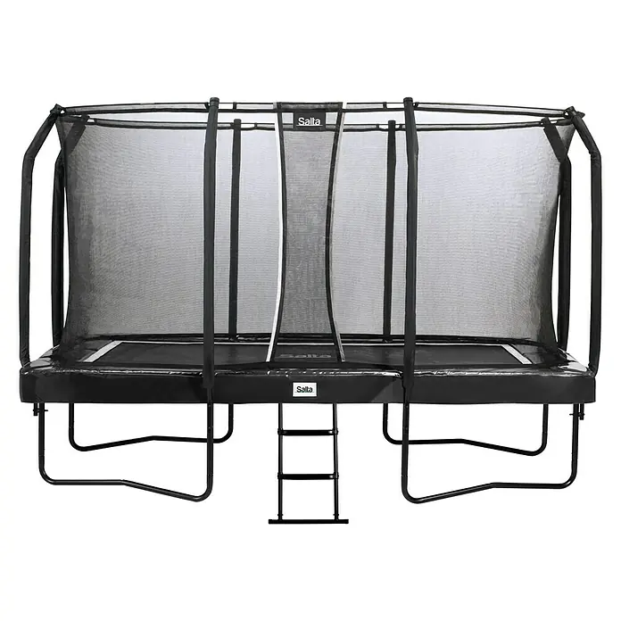 Salta Trampolin First Class - Schwarz, L x B: 244 x 427 cm - Ein rechteckiges Salta-Trampolin mit Sicherheitsnetz, Leiter und schwarzem Rahmen, ideal für Sport und Freizeit im Garten.