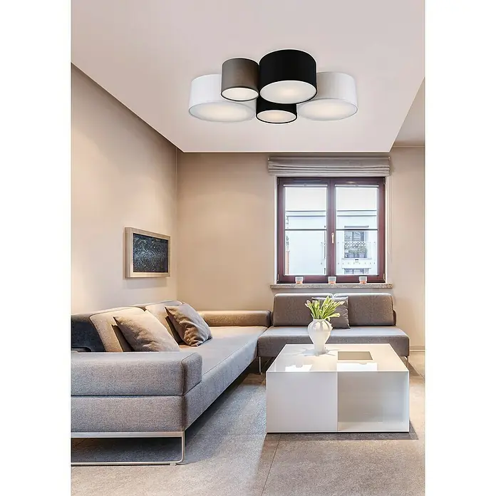 Trio Leuchten Deckenleuchte - 210 W, L x B x H: 70 x 90 x 21,5 cm, Mehrfarbig, E27 - Diese Deckenleuchte verfügt über mehrere zylindrische Lampenschirme in Weiß, Schwarz und Grau, die ein modernes und stilvolles Design erzeugen.