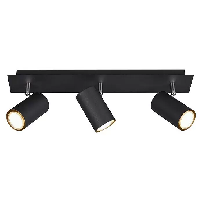 Trio Leuchten Marley Deckenstrahler - 105 W, L x B x H: 48 x 9 x 15 cm, Schwarz matt, GU10, 3 Stk. - Schwarze Dreifach-Schienenleuchte mit verstellbaren zylindrischen Köpfen und goldfarbenen Innenrändern.