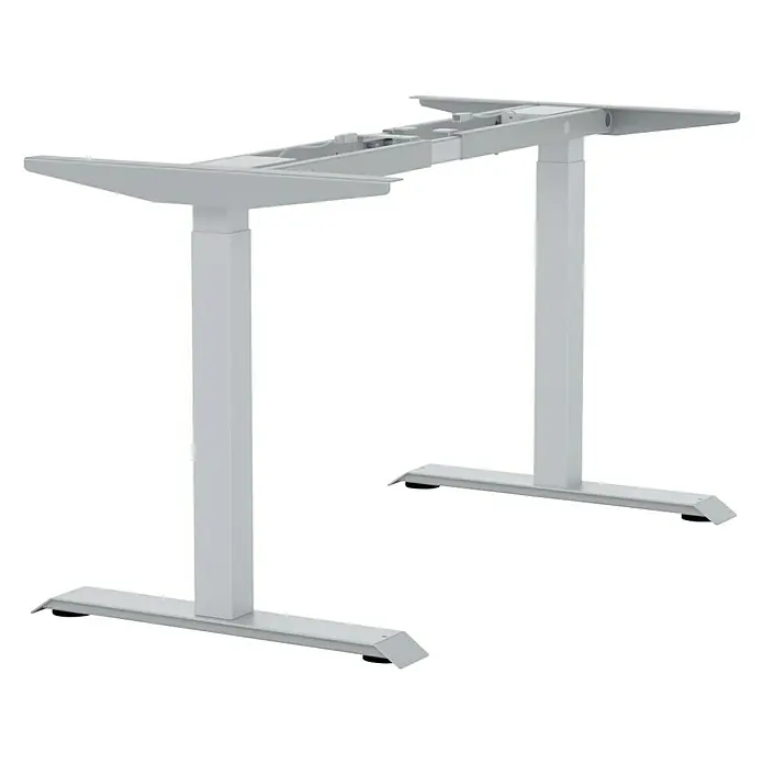 Tischgestell E-MORE 2M2S - Breitenverstellung: 110 cm - 180 cm, Höhenverstellung: 70 cm - 118 cm, Traglast: 100 kg, Stahl, Aluminium - Silbernes Gestell für einen höhenverstellbaren Schreibtisch, das eine moderne und ergonomische Arbeitsumgebung ermöglicht.