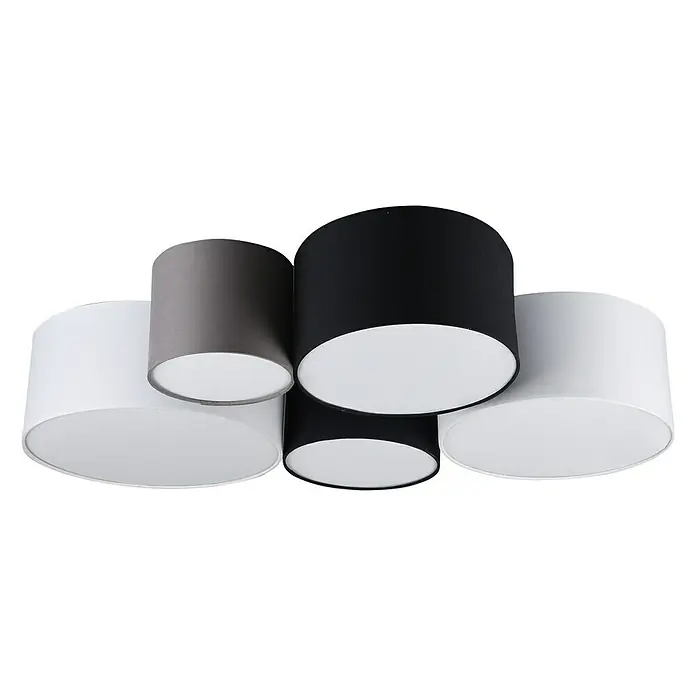 Trio Leuchten Deckenleuchte - 210 W, L x B x H: 70 x 90 x 21,5 cm, Mehrfarbig, E27 - Eine moderne Deckenleuchte mit fünf zylindrischen Lampenschirmen in Weiß, Grau und Schwarz, die ein stilvolles Lichtdesign bietet.