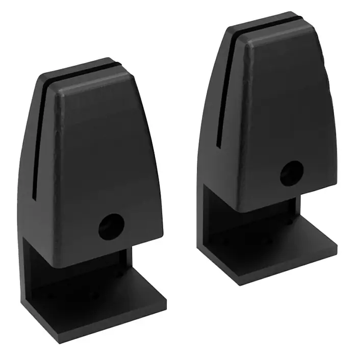 Paneelkrallen SOLIDO V - Passend für: AUSTIX Vario-Akustikpaneele - Das Bild zeigt zwei schwarze Glasklemmen, die für die Montage von Glasplatten oder -scheiben verwendet werden. Diese Klemmen sind robust und stilvoll.