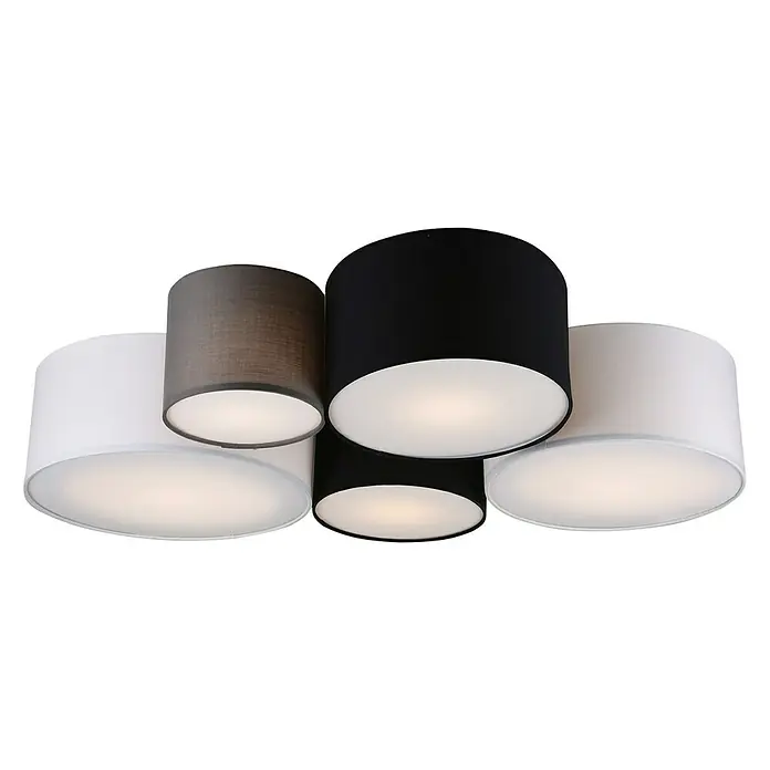 Trio Leuchten Deckenleuchte - 210 W, L x B x H: 70 x 90 x 21,5 cm, Mehrfarbig, E27 - Eine Deckenleuchte mit mehreren zylindrischen Lampenschirmen in Weiß, Grau und Schwarz, die ein modernes und stilvolles Ambiente schafft.