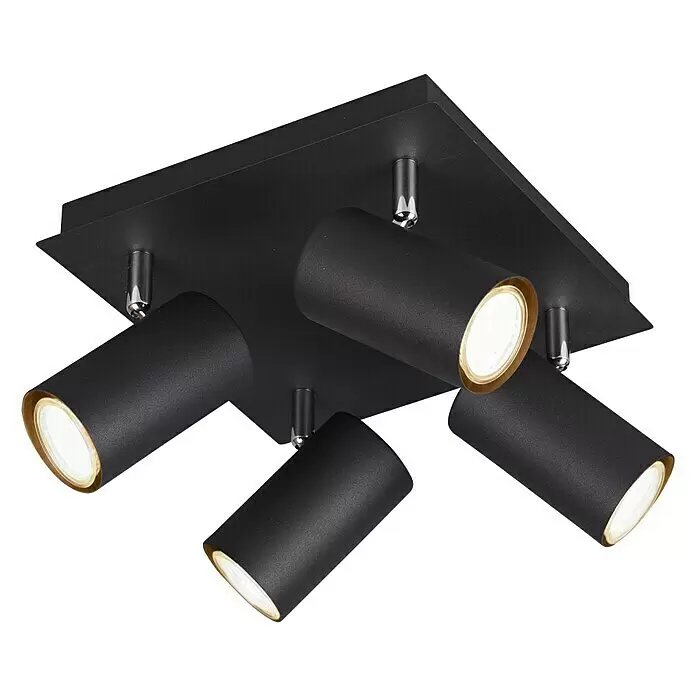 Trio Leuchten Marley Deckenstrahler rund - 140 W, L x B x H: 24 x 24 x 15 cm, Schwarz matt, GU10 - Schwarze, quadratische Deckenleuchte mit vier verstellbaren, beleuchteten zylindrischen Strahlern.
