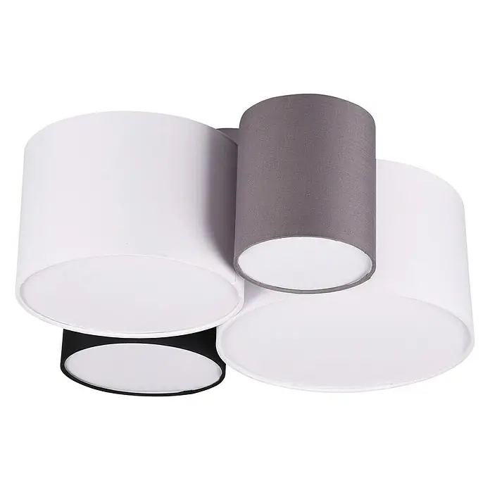 Trio Leuchten Deckenleuchte - 168 W, L x B x H: 47 x 50,5 x 21,5 cm, Mehrfarbig, E27 - Nahaufnahme einer modernen Deckenleuchte mit drei Lampenschirmen in Weiß und Grau.