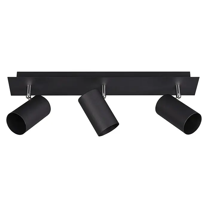 Trio Leuchten Marley Deckenstrahler - 105 W, L x B x H: 48 x 9 x 15 cm, Schwarz matt, GU10, 3 Stk. - Eine Deckenleuchte mit drei Strahlern in Schwarz, die auf einer rechteckigen Basis montiert sind und Akzentbeleuchtung ermöglichen.