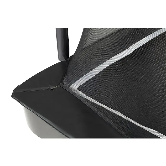 Salta Sicherheitsnetz Royal Baseground - 396 x 244 cm, Schwarz - Nahaufnahme eines schwarzen Trampolinrandes mit Sicherheitsnetz. Das Netz ist mit einer weißen Linie versehen.