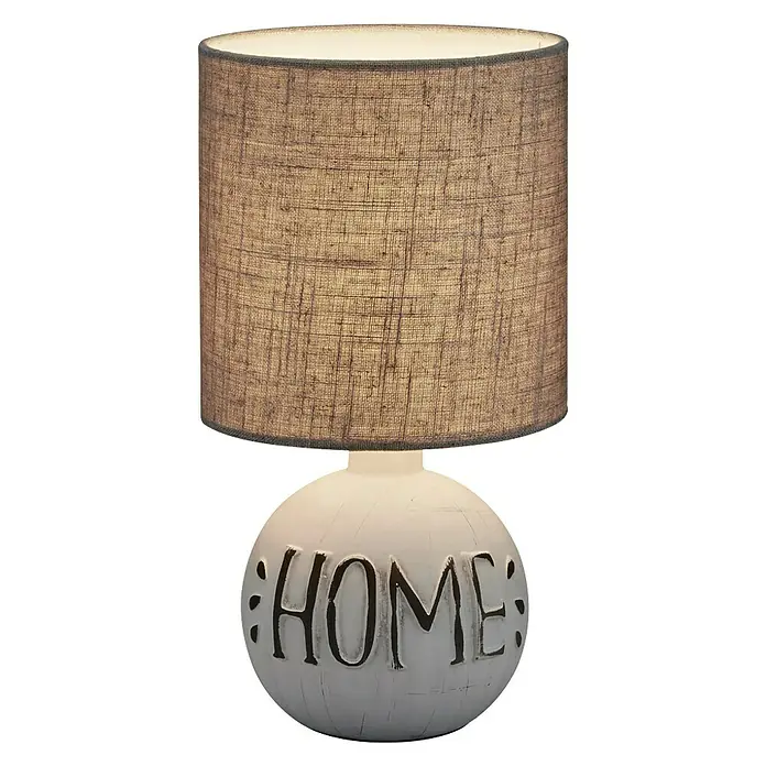 Reality Leuchten Lámpara de sobremesa redonda Esna Home - Home, 40 W, Ø x Al: 165 mm x 31 cm, Gris/Marrón, E14 - Una lámpara de mesa decorativa con una pantalla de lino y una base con la palabra "HOME", que crea un ambiente acogedor y confortable.