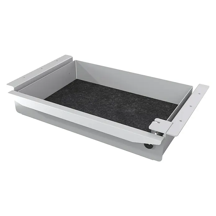 Unterbauschublade STORIT - L x B x H: 270 x 400 x 75 mm, Aluminium - Ein ausziehbarer, grauer Tastaturauszug mit einem schwarzen Filzeinsatz, der Funktionalität und Komfort am Arbeitsplatz vereint.
