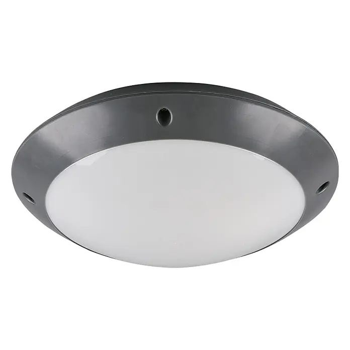 Reality Leuchten Außenwand- & Deckenleuchte Camaro - 12 W, Durchmesser: 26 cm, Anthrazit, IP54 - Nahaufnahme einer runden Deckenleuchte mit grauem Rahmen und einem diffusen, weißen Lichtelement.