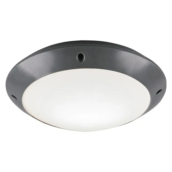Reality Leuchten Außenwand- & Deckenleuchte Camaro - 12 W, Durchmesser: 26 cm, Anthrazit, IP54 - Nahaufnahme einer runden LED-Deckenleuchte mit grauer Einfassung und hellem, diffusem Licht, ideal für Innenräume.